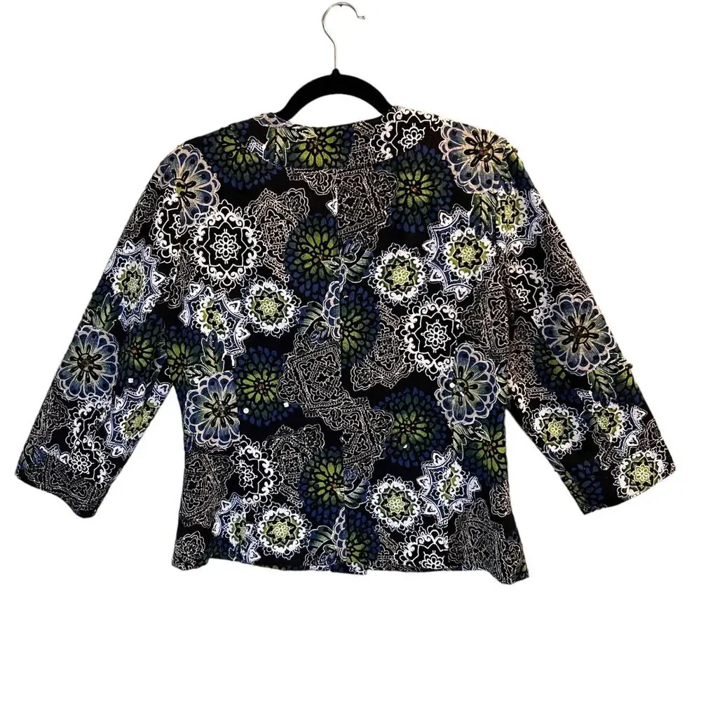 Chico's Black Floral Button Front Jackets Size Small Sequins Beaded Cotton - Picture 8 of 11